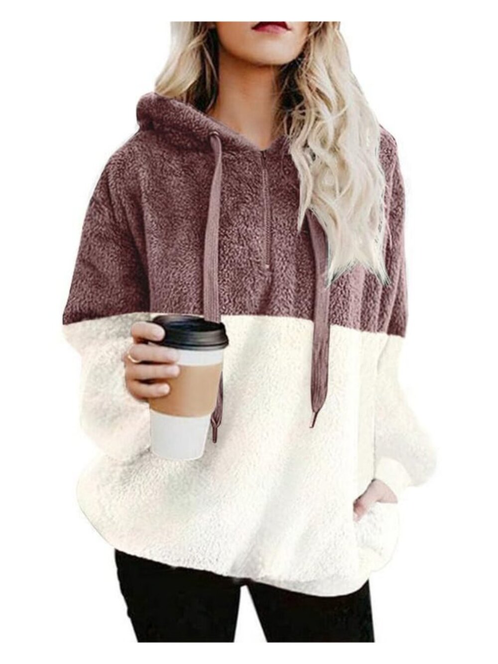 Fuzzy Fleece Pullover Hoodie Sherpa Sweatshirt Zip Collar Oversized
